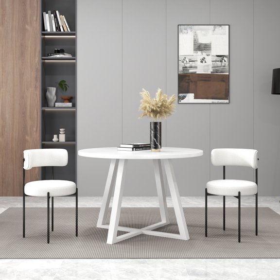 Round Dining Set with Trestle Table and 2 Boucle Seating / Breathable Design for Dining Comfort