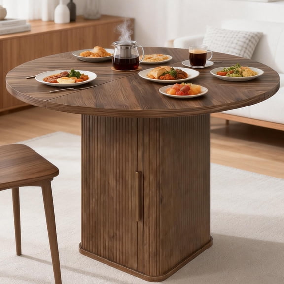 Round Dining Table, 1.2m MDF Kitchen Table with Wood Slide Door Storage Shelf, for Home Dining Room Living Area