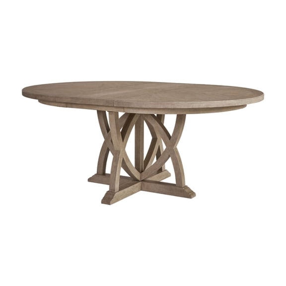 Round Dining Table with 18" Removable Leaf, Expands from 54" Round to 72" Oval, Mindi Wood Veneer Pedestal Base, Sand Finish, Seats 4-6 Guests for Transitional Dining Room or Kitchen