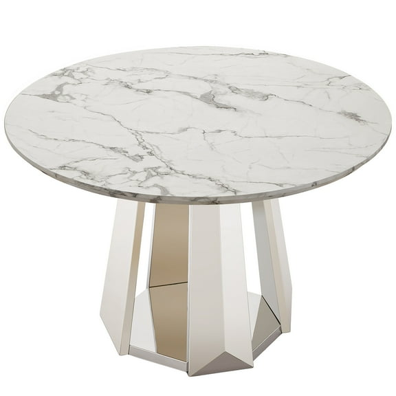 Round Dining Table for 2-4, 47” Modern Circle Wooden Faux Marble Kitchen Table, Marble Dining Room Table with Metal Base for Dining Room, Kitchen, Living Room (Style 1: White & Gold)