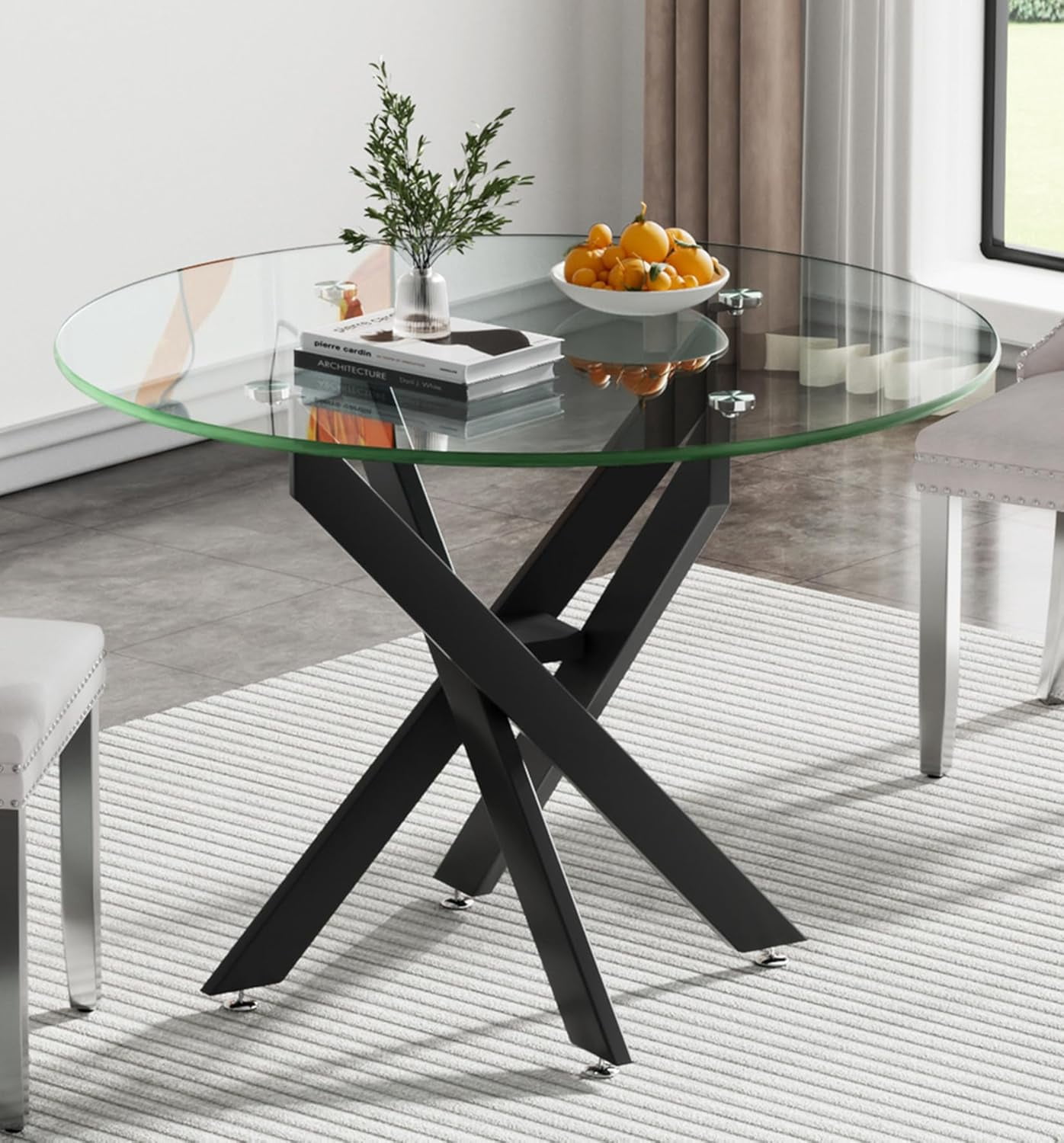 Round Dining Table for 2-4 People, Modern Glass Kitchen Table, 36" Small Dining Coffee Table, Clear Tempered Glass Tabletop with Black Metal Legs for Home, Conference, Office & Restaurant