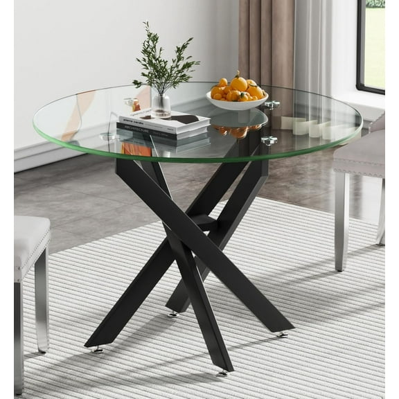 Round Dining Table for 2-4 People, Modern Glass Kitchen Table, 36" Small Dining Coffee Table, Clear Tempered Glass Tabletop with Black Metal Legs for Home, Conference, Office & Restaurant