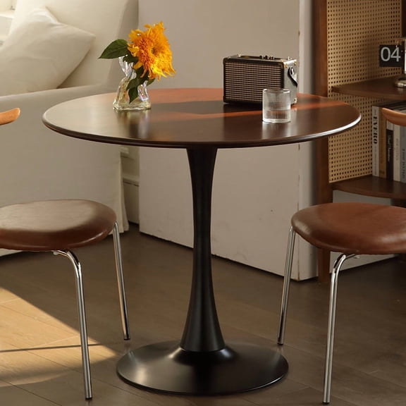 Round Dining Table, 23.6" Circle Tulip Table with Modern MDF Top with Steel Base, Mid Century Bistro Table for Kitchen, Small Places, Living Room, Cafe (Walnut)
