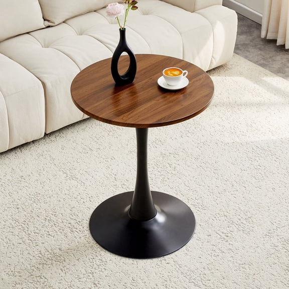23.6" Round Tulip Dining Table, Faux Walnut Top & Metal Base, Mid-Century Bistro Table