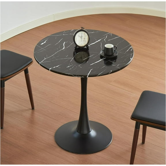 Round Dining Table, 24" Circle Tulip Table with Thickened Tabletop & Metal Pedestal, Mid Century Modern Bistro Table for Kitchen, Small Places, Living Room, Cafe (Marble Pattern Black)