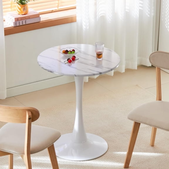 Round Dining Table, 24" Circle Tulip Table with Thickened Tabletop & Metal Pedestal, Mid Century Modern Bistro Table for Kitchen, Small Places, Living Room, Cafe (Marble White)