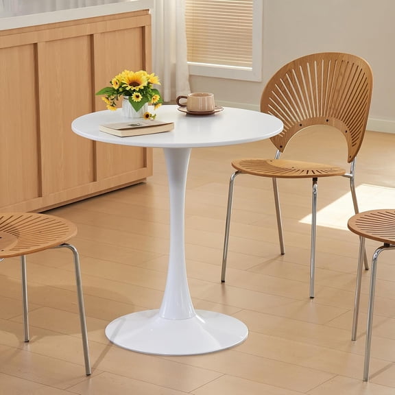Round Dining Table, 27.6" Circle Tulip Table with Thickened Tabletop & Metal Pedestal, Mid Century Modern Bistro Table for Kitchen, Small Places, Living Room, Cafe (White)