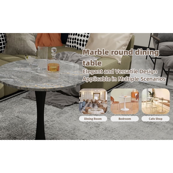 Round Dining Table 27.6 Inch, Mid-Century Modern Dark Gray Textured Marble Coffee Table, Waterproof Scratch Resistant, Metal Pedestal Base for Small Apartment Dining Room Cafe