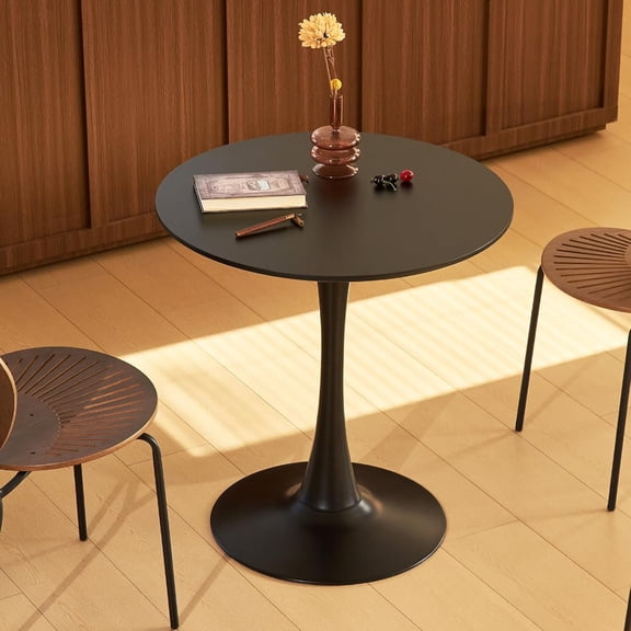 Round Dining Table, 27" Circle Tulip Table with Thickened Tabletop & Metal Pedestal, Mid Century Modern Bistro Table for Kitchen, Small Places, Living Room, Cafe (Black)