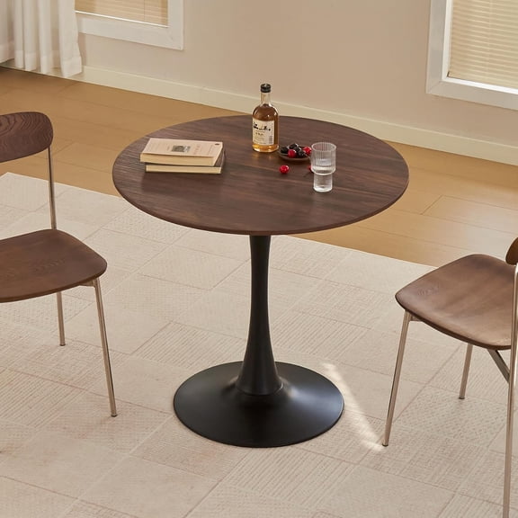 Round Dining Table, 31.5" Circle Tulip Table with Thickened Tabletop & Metal Pedestal, Mid Century Modern Bistro Table for Kitchen, Small Places, Living Room, Cafe (Faux Walnut)