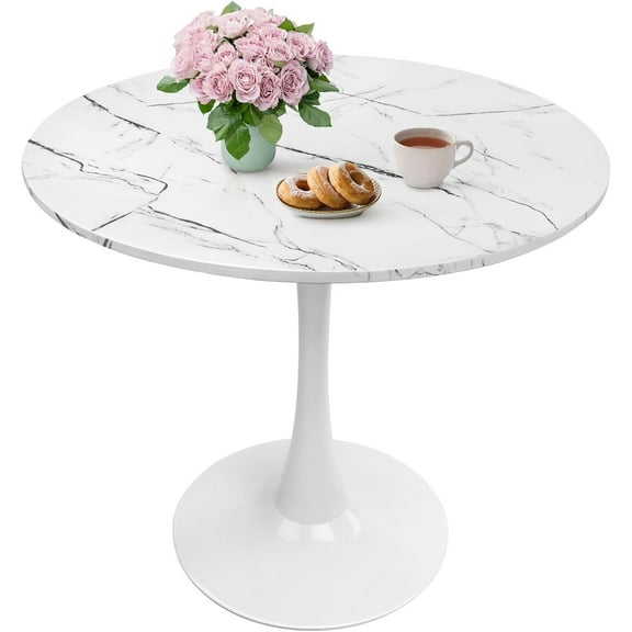 Round Dining Table 31.5" Faux Marble White Tulip Table with Pedestal Base for 2-4 People Small Space - Kitchen Living Room Cafe