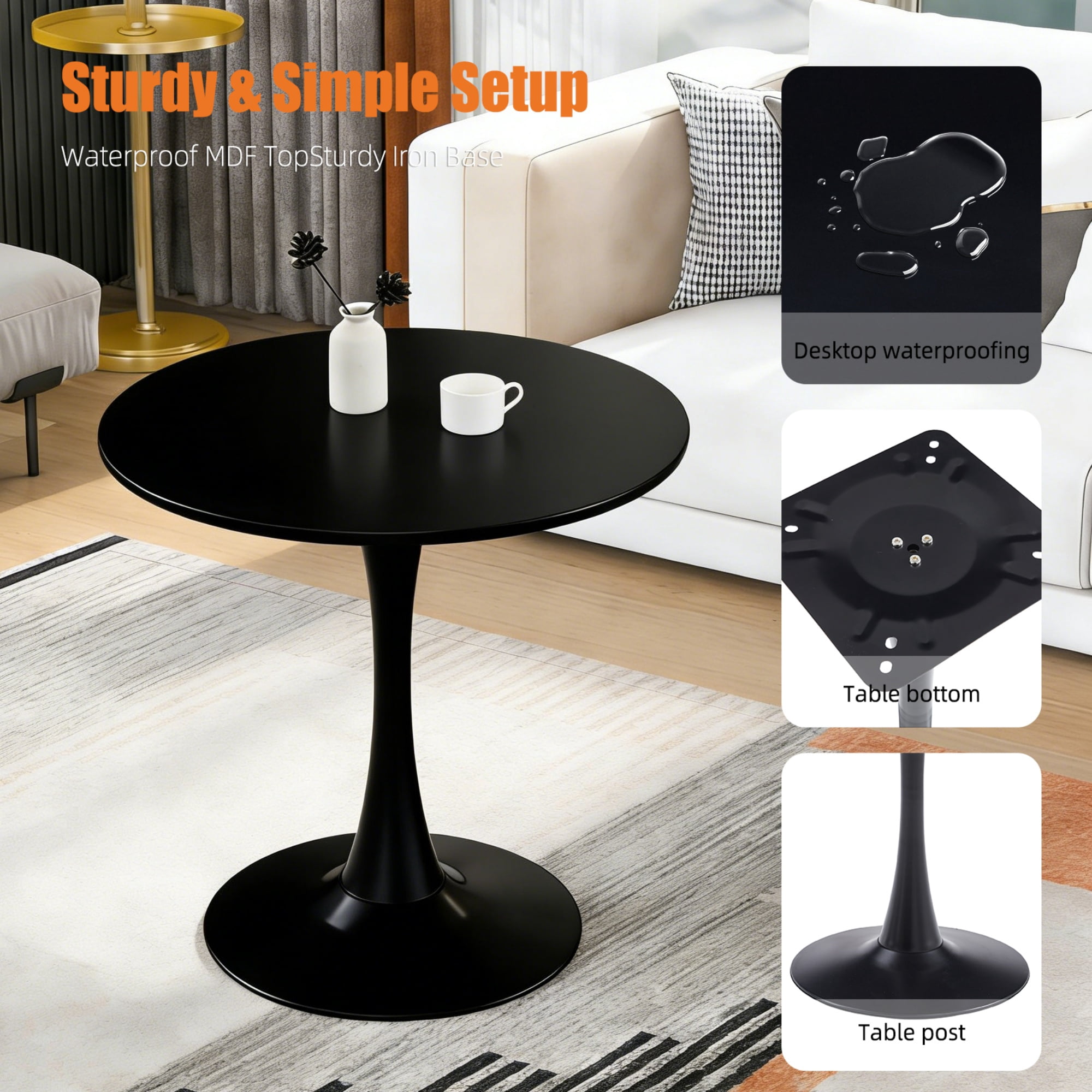 Round Dining Table 31.5 Inch with Tulip Pedestal Base, Modern Bistro Table and Kitchen Table for Small Spaces, Black