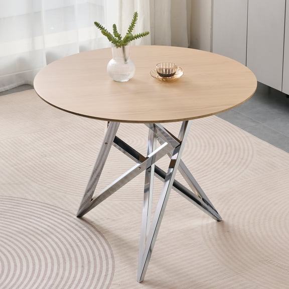 Round Dining Table 37Inch Small Kitchen Table Burlywood MDF Wood Grain Silver Metal Legs Modern 2 to 4 Seater Compact Space Saving Apartment Breakfast Nooks Bistro Easy Assembly Dining Room Pedestal