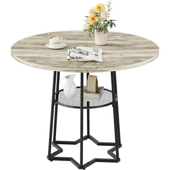 Round Dining Table, 38.2" Circle Kitchen Table with Storage, 17.7" W Round Mesh Storage Rack, Heavy Duty Hexagonal Metal Base (4 Pieces of Desktop)