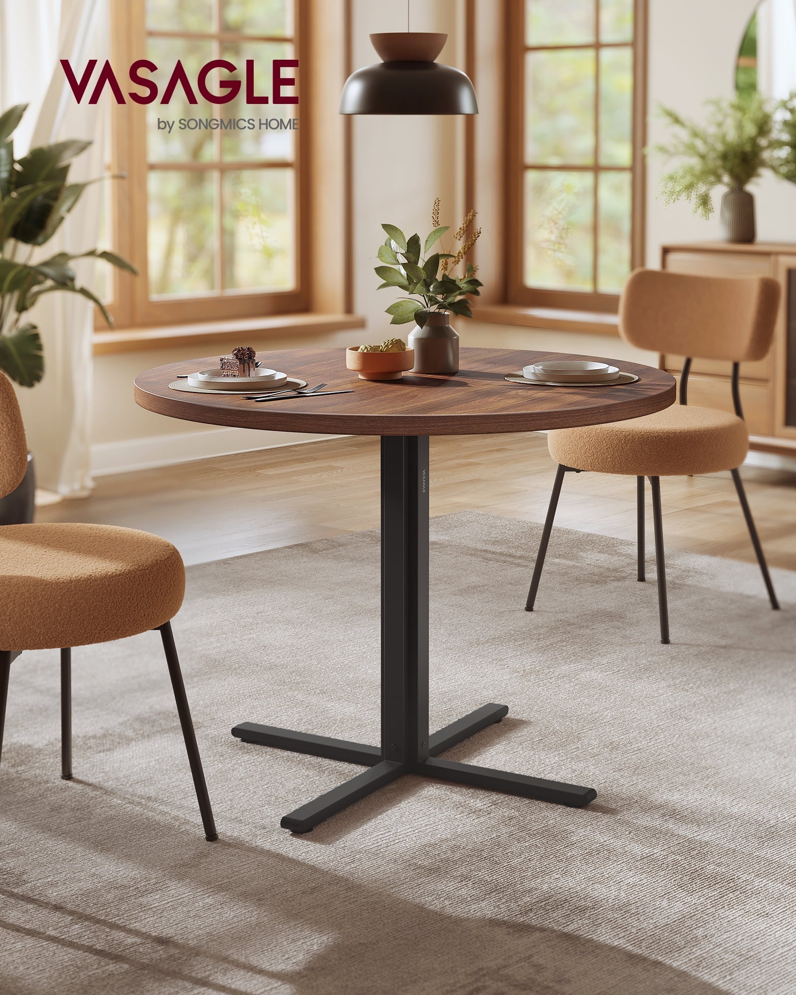 Round Dining Table for 4, 31.5 Inch Small Kitchen Table with Water-Resistant Top, C-Shaped Steel Frame & 220 lb Capacity, Farmhouse Style, Somber Walnut