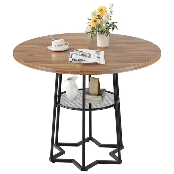 Round Dining Table for 4, 38.6 Inch Farmhouse Kitchen Table with Storage, Rustic Wooden Circle Dinner Pedestal Table with Metal Legs, Space Saving Kitchen & Dining Room Furniture