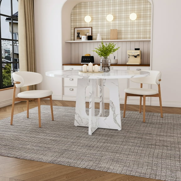 Round Dining Table for 4, 47.24 Inch Farmhouse Table with Marble White Finish, 300lb Capacity MDF Top, Carbon Steel Base, Easy Assembly for Kitchen, Dining Room, Apartment, Small Spaces, White