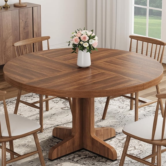 Round Dining Table for 4, 47" Dining Room Table with Wooden Base, Circle Kitchen Dinner Table for Dining Room, Kitchen, Living Room (Table Only), Walnut