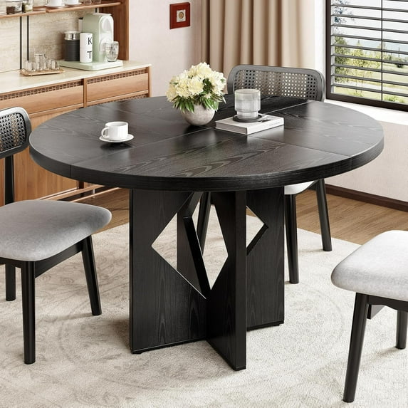 Round Dining Table for 4, 47 Inches Farmhouse Dinner Table with Wooden Pedestal Base, Modern Kitchen and Dining Room Circle Table, Space Saving Dining Table (Black)