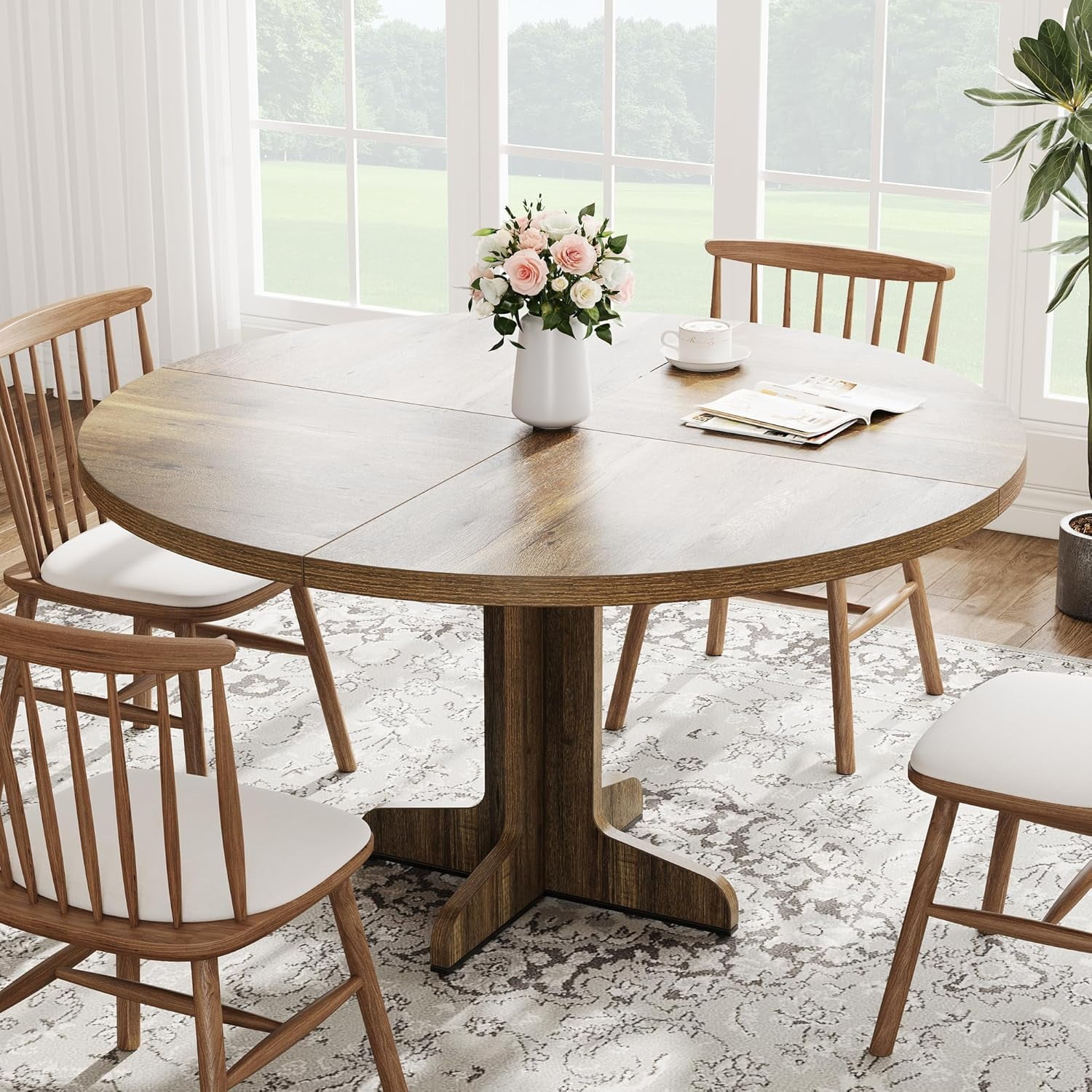 Round Dining Table for 4, 47 in Rustic Kitchen Table with Wooden Base, Sturdy Metal Frame ...