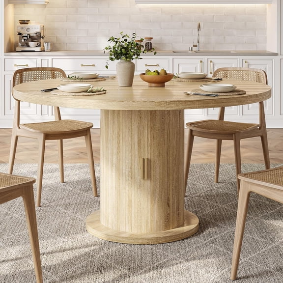 Round Dining Table for 4-6, 43.3" Modern Farmhouse Kitchen Table with Hidden Storage & Tambour Door, Japandi Style Wood Pedestal Circle Table for Small Spaces, Apartment, Dining Room, Classic Oak