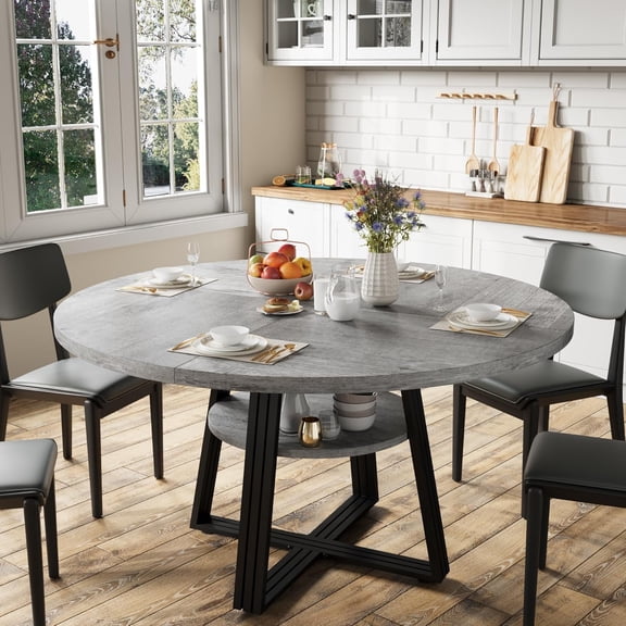Round Dining Table for 4-6, 47.2 in Farmhouse Kitchen Table with Storage, Circle Dinner Tables for Kitchen, Dining Room, Living Room, Meeting Room, Apartment, Grey