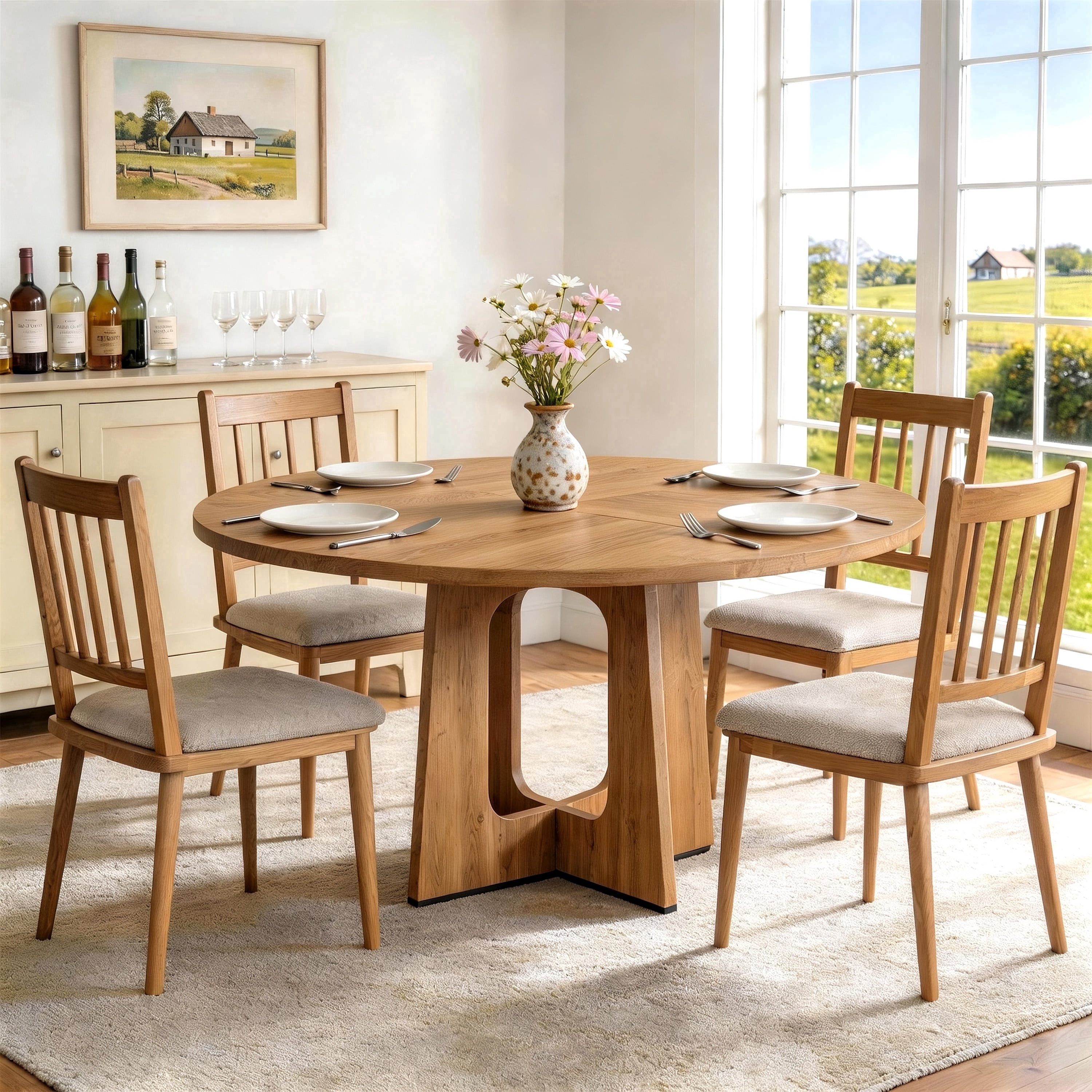 47''Round Dining Table for 4-6, PAPROOS Large Wood Kitchen Table, Dining Room Table with Thickened Wooden Tabletop, Circle Dinning Table Dinner Table for Kitchen Dining Room, Oak(Only Table)