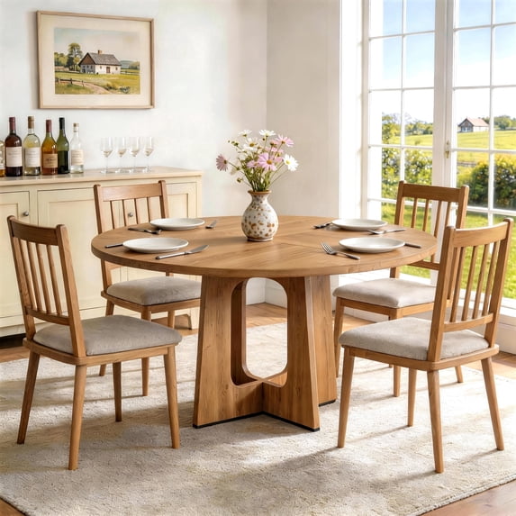 47''Round Dining Table for 4-6, PAPROOS Large Wood Kitchen Table, Dining Room Table with Thickened Wooden Tabletop, Circle Dinning Table Dinner Table for Kitchen Dining Room, Oak(Only Table)