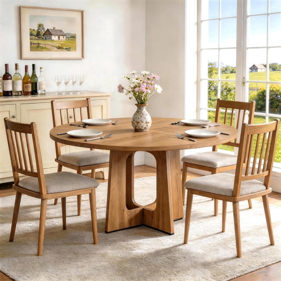 47''Round Dining Table for 4-6, PAPROOS Large Wood Kitchen Table, Dining Room Table with Thickened Wooden Tabletop, Circle Dinning Table Dinner Table for Kitchen Dining Room, Oak(Only Table)