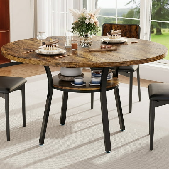 Round Dining Table for 4-6, 47 inch Wood Dining Room Table with Storage Shelf, Farmhouse Kitchen Table with Metal Base, Kitchen & Dining Room Tables, No Chairs