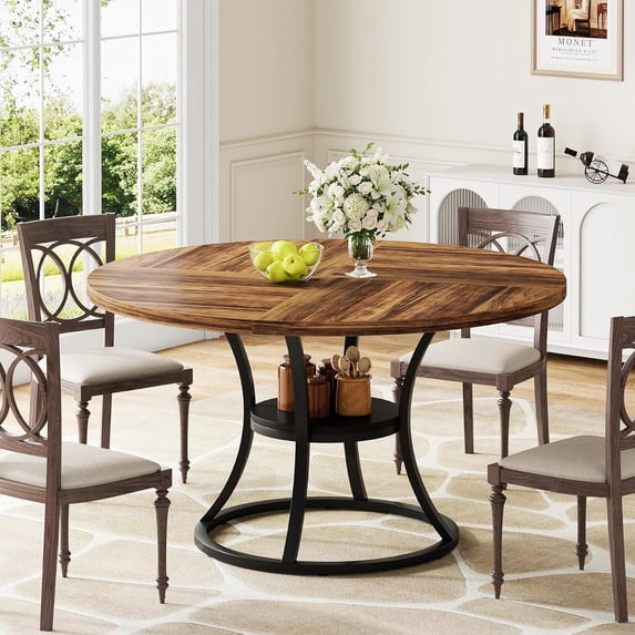 Round Dining Table for 4-6, 47 inch Wood Dining Room Table with Storage Shelf, Farmhouse Kitchen Table with Metal Base, Large Round Table for Home, Brown, No Chairs
