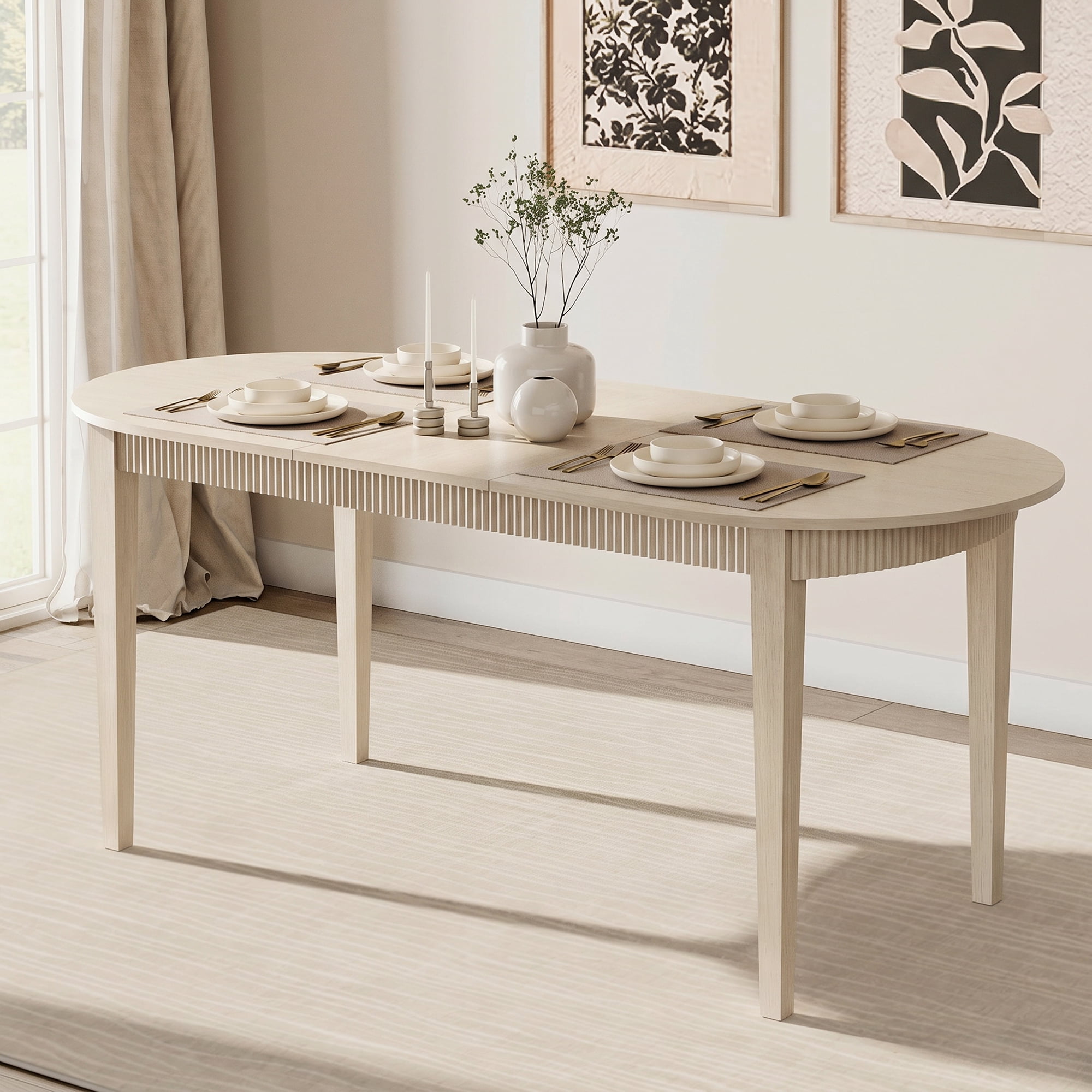 Round Dining Table for 4-6, 72.9in Long Large Kitchen Table with Fluted Apron, 7.4 Ft Modern Kitchen Table With Sturdy Wooden Frame Dinner Tables for Dining Room, Kitchen, Living Room,