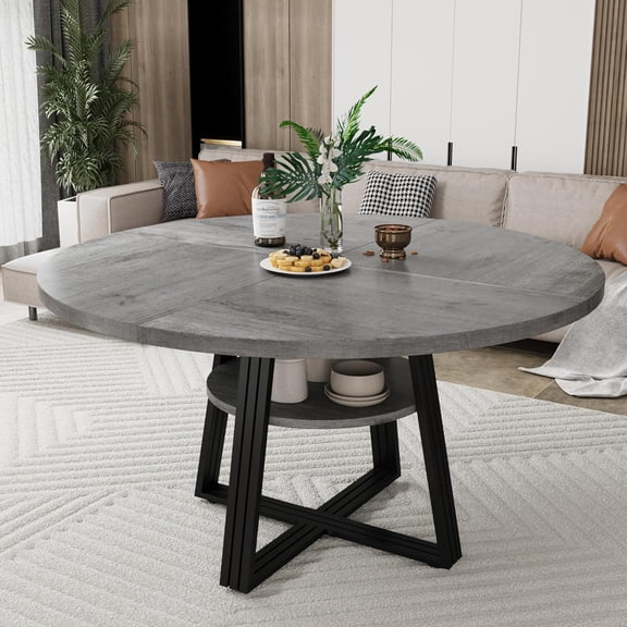 Round Dining Table for 4-6,Kitchen Dining Room Circle Dinner Pedestal Table,42" Farmhouse Kitchen Table with Storage,Space Saving Wood Kitchen & Dining Room Furniture