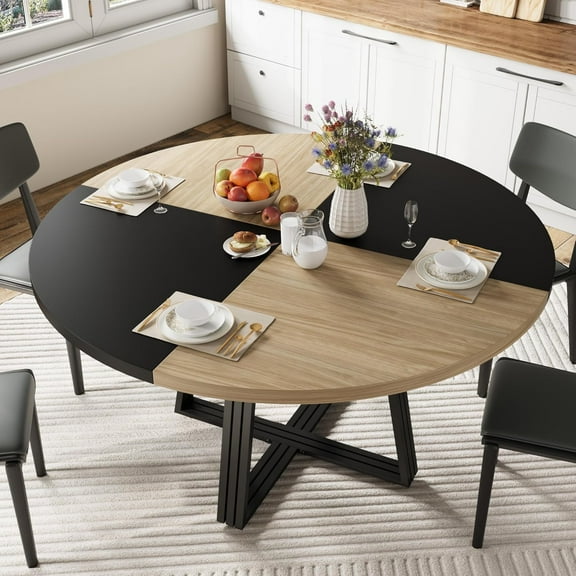 Round Dining Table for 4-6,Kitchen Dining Room Circle Dinner Pedestal Table,42" Farmhouse Kitchen Table with Storage,Space Saving Wood Kitchen & Dining Room Furniture