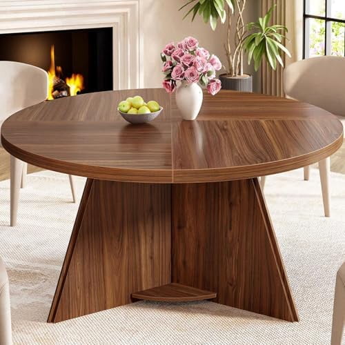 Round Dining Table for 4-6, Mid Century Modern Walnut Circle Dinner Table, Brown Wood Pedestal Kitchen Table with Wooden Base for Dining Room, Kitchen, Living Room, 43 inch$$Furniture