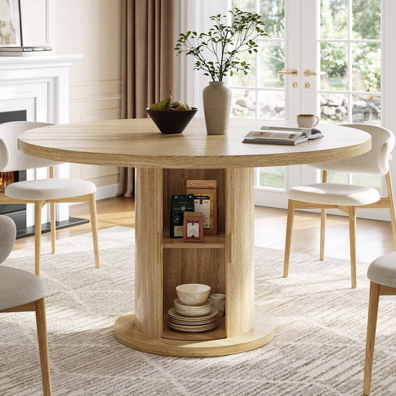 Round Dining Table for 4-6, Modern Kitchen Table with Tambour Door Hidden Storage, Farmhouse Circle Dining Room Table with Pedestal Base, Wood Dinner Table for Apartment, Natural Oak