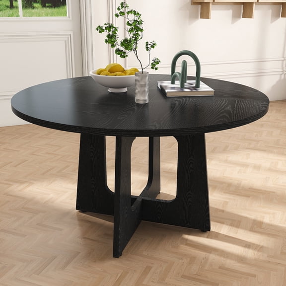 Round Dining Table for 4-6, PAPROOS 47'' Large Wood Kitchen Table, Dining Room Table with Wide Tabletop & Cross Base, Circle Dining Table Dinner Table for Kitchen Dining Room, Black(Only Table)
