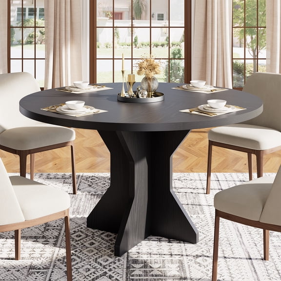 Round Dining Table for 4-6 People - 47" Circle Kitchen Dinner Table with Sturdy Pedestal Base, Small Spaces Dinning Room Furniture for Living Room, Kitchen, Apartment, Black