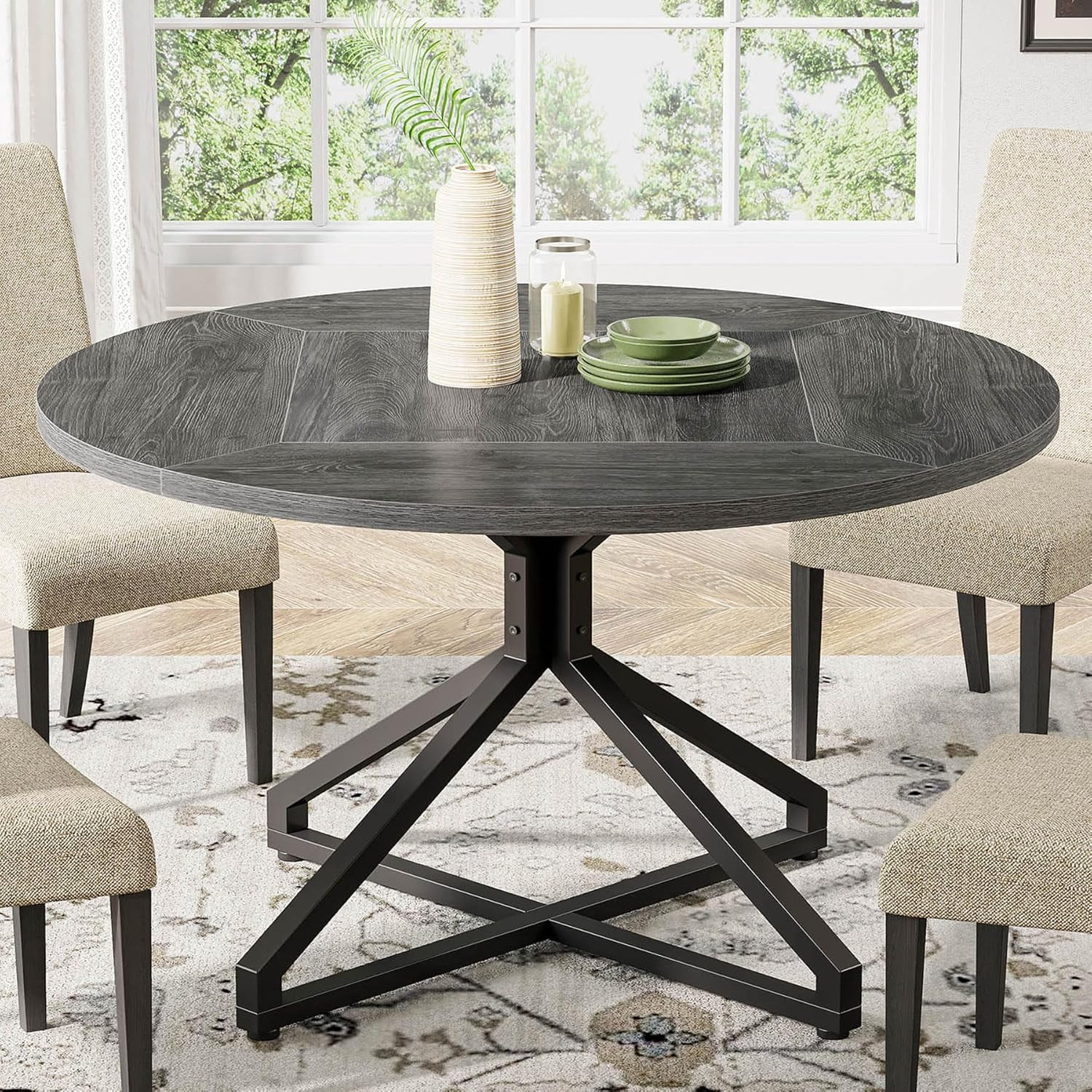 Round Dining Table for 4-6 People, 47-Inch Circle Kitchen Table With Metal Pedestal Base, Wood ...