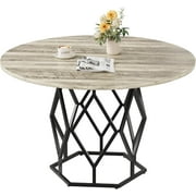Round Dining Table for 4-6 People, 47 Inch Farmhouse Wood Kitchen Table, Modern Circle Dinner Table with Sturdy Base, Industrial Wood Dinning Room Desk for Kitchen Grey