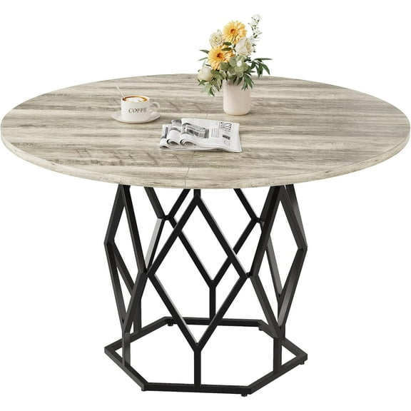 Round Dining Table for 4-6 People, 47 Inch Farmhouse Wood Kitchen Table, Modern Circle Dinner Table with Sturdy Base, Industrial Wood Dinning Room Desk for Kitchen,Grey