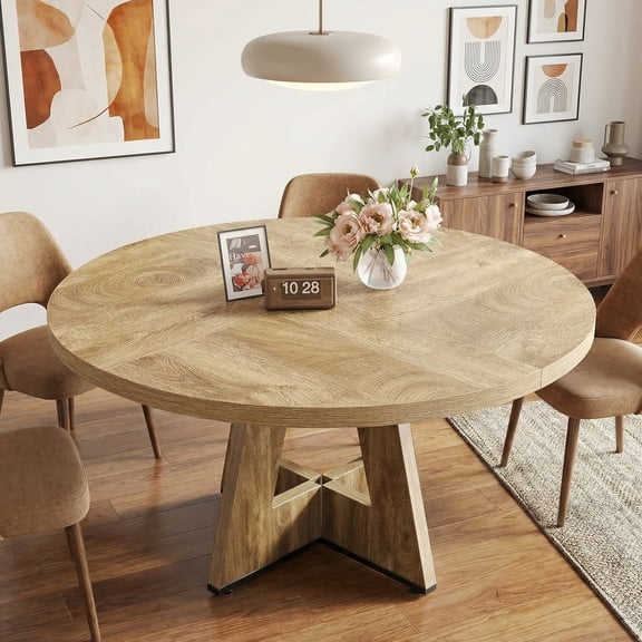 Round Dining Table For 4-6 People, 47 Inch Oak Finish Circle Kitchen Table With Sturdy Wooden Pedestal Base, Versatile Dining Room Table For Kitchen, Living Room, Farmhouse & Contemporary Decor