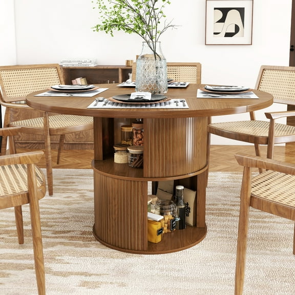 Round Dining Table for 4-6 People, 47 Inches Kitchen Dining Table with 2-Layer Storage Shelf for Dining Room, Kitchen, Living Room, Walnut(Table Only)