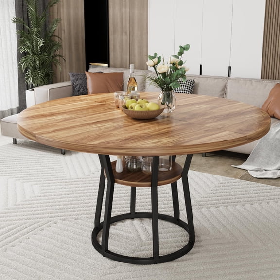 Round Dining Table for 4-6 People - 47in Farmhouse Kitchen Table with Storage Shelf Metal Frame Circle Dinner Table for Dining Room Living Room Apartment - Retro Brown