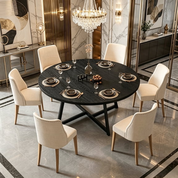 JSFHNTG Round Dining Table for 6-8 People, 59'' Dining Table with Metal Legs, Multi-Use for Dining Room Kitchen Living Room, Black