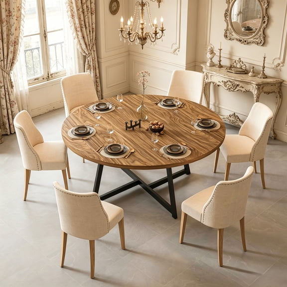 JSFHNTG Round Dining Table for 6-8 People, 59'' Dining Table with Metal Legs, Multi-Use for Dining Room Kitchen Living Room, Brown