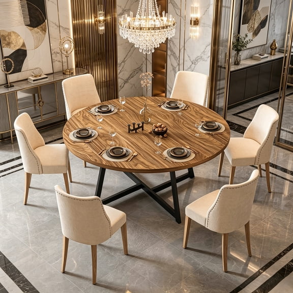 JSFHNTG Round Dining Table for 6-8 People, 59'' Dining Table with Metal Legs, Multi-Use for Dining Room Kitchen Living Room, Brown
