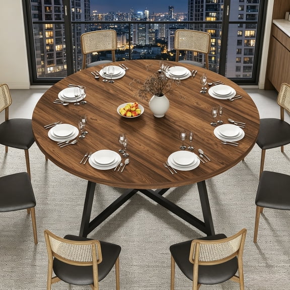 JSFHNTG Round Dining Table for 6-8 People, 59'' Dining Table with Metal Legs, Multi-Use for Dining Room Kitchen Living Room, Brown