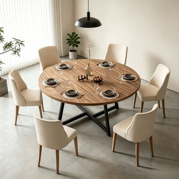 Round Dining Table for 4-6 People, 59 Inches Dining Room Table with Metal Legs,Brown Dinner Tables, Circle Kitchen Tables for Dining Room, Kitchen, Living Room
