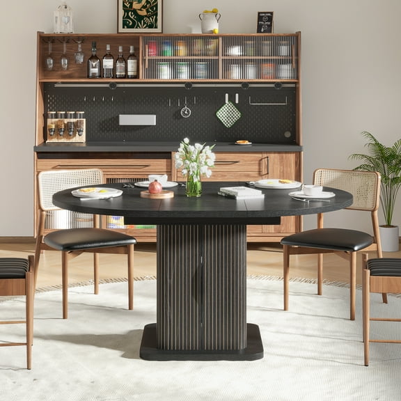 Round Dining Table for 4-8, 43.3''-59'' Extendable Kitchen Table Dinner Table with 2-Layer Storage Shelf and Wood Slide Door for Home Living Room, Black